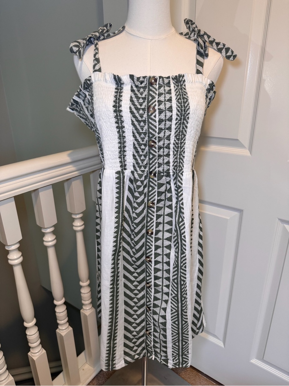 Accessorize London Boho Geometric Sundress Sz XL Smocked Tie Strap Resort